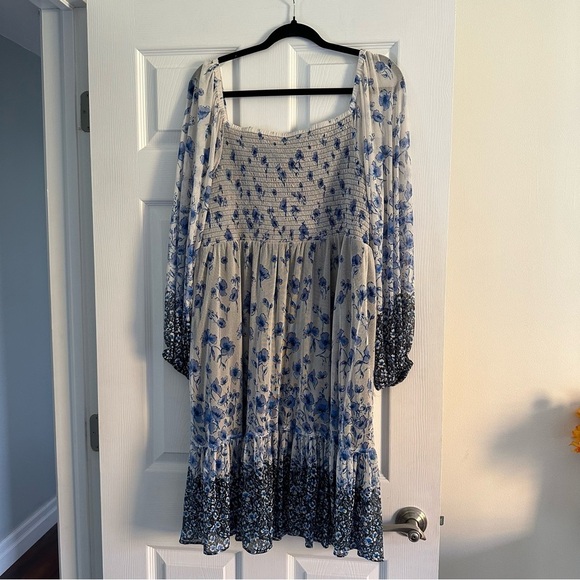 Size 14 Gabby Skye Blue Floral Mesh Smocked Babydoll Dress - Picture 3 of 6